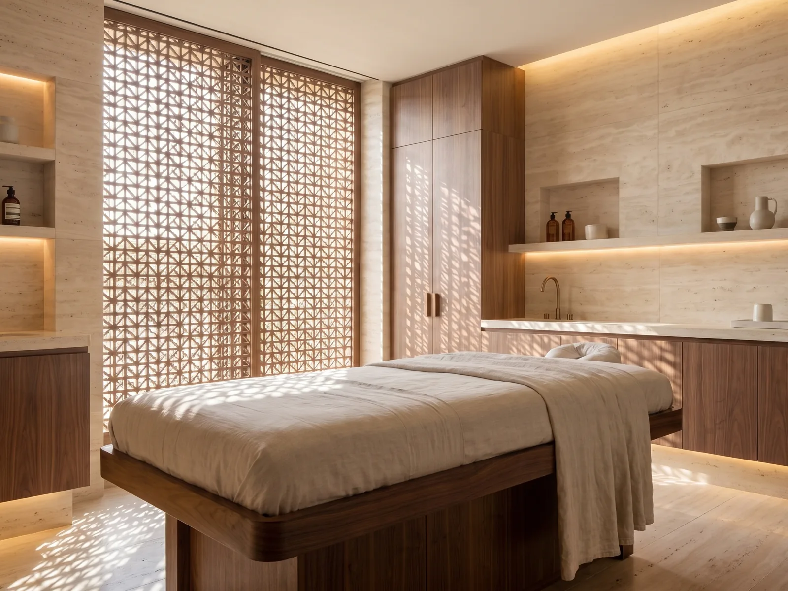 A treatment room at the Mira Coral Bay spa, walnut joinery behind a mashrabiya screen